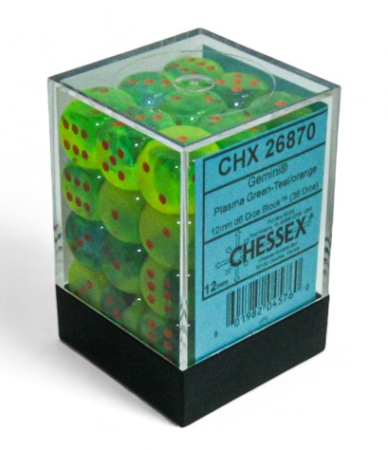 Produse noi - Set zaruri Chessex Gemini Plasma Green-Teal/orange Luminary 12mm d6