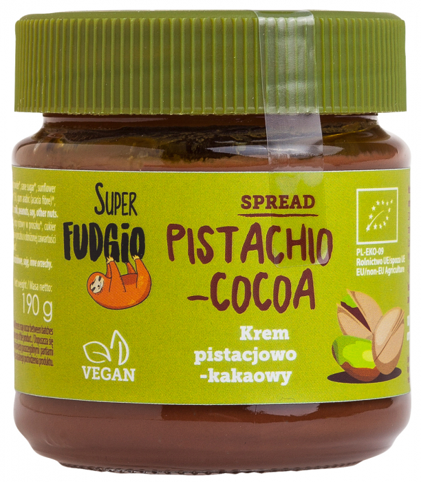 Crema tartinabila de ciocolata cu fistic si cacao, bio, 190g, Super Fudgio                           [1]