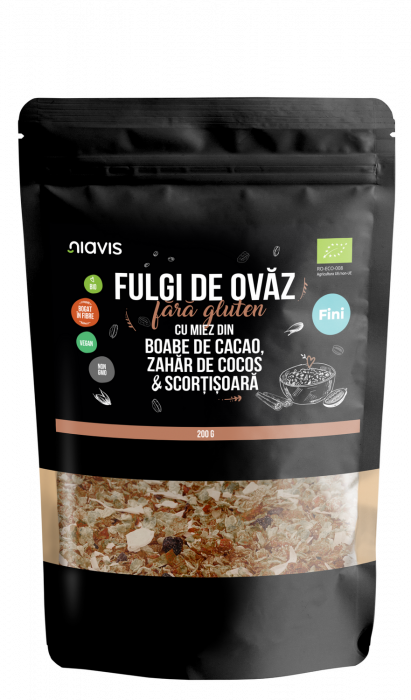 Fulgi de Ovaz Fini Fara Gluten cu Miez din Boabe de Cacao, Zahar de Cocos si Scortisoara Ecologici/Bio 200g [1]