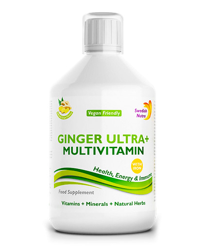Ginger ULTRA+ Multivitamine, Minerale, Verdețuri, Fructe + Fier cu 54 Ingrediente Active – Detoxifiere, Energie, Imunitate – 100% Vegan – sticlă cu 500 ml, Swedish Nutra [1]