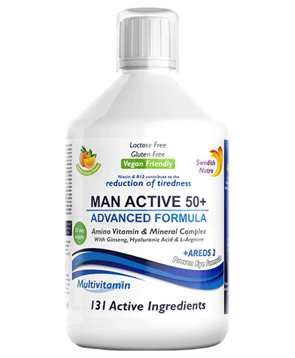 Multivitamine Lichide MAN ACTIVE 50+ pentru Bărbați peste 50 Ani cu 131 Ingrediente: Vitamine + Minerale + Aminoacizi + Bio Active Life Blend + Areds 2 – Produs Vegan – 500ml, Swedish Nutra [1]