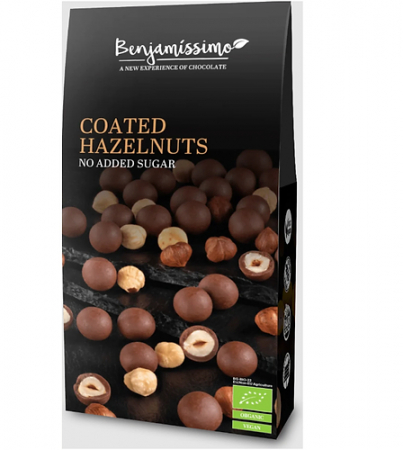 Produse - Alune de padure invelite in ciocolata cu praline, bio, 60g, Benjamissimo                            