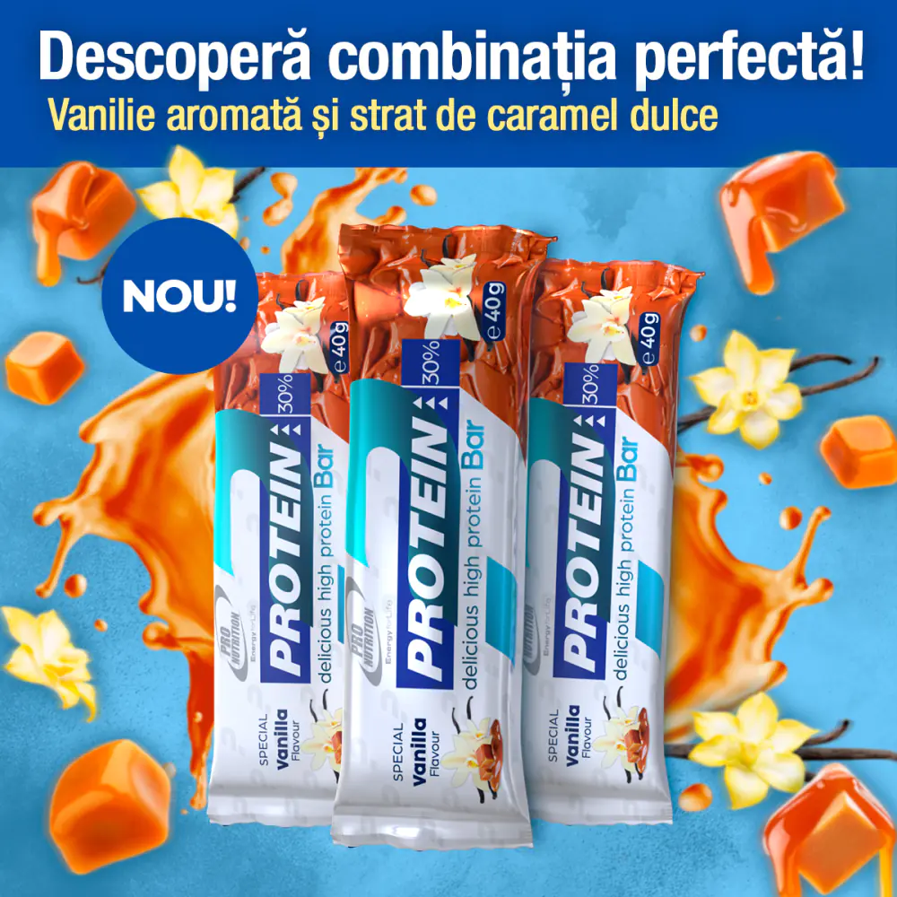 12 batoane proteice cu gust intens de vanilie cu strat de caramel, acoperite cu ciocolată neagră belgiană fină [1]
