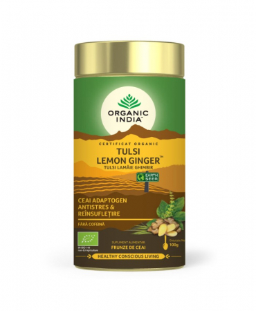 Ceai Cafea Cacao si Inlocuitori - Ceai Tulsi (Busuioc Sfant) cu Lamaie si Ghimbir | Antistres Natural & Reinsufletire, cutie 100g