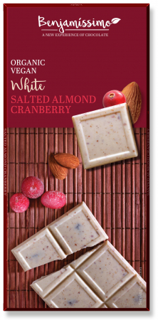 Produse - Ciocolata alba cu migdale sarate si merisor bio, 70g, Benjamissimo                                  