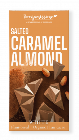 Produse - Ciocolata alba cu migdale si caramel sarat, bio, 60g, Benjamissimo                                  