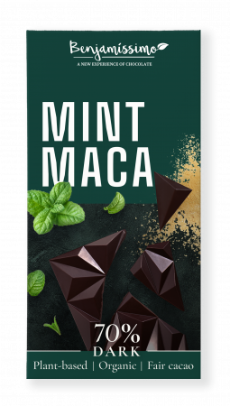 Produse - Ciocolata neagra 70% cu menta si maca, bio, 60g, Benjamissimo                                       