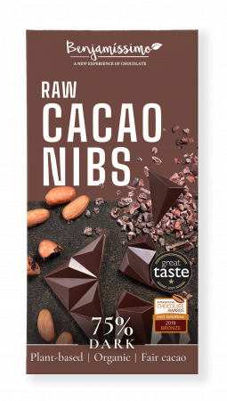 Produse - Ciocolata neagra 75% cu cacao nibs, bio, 60g, Benjamissimo                                          