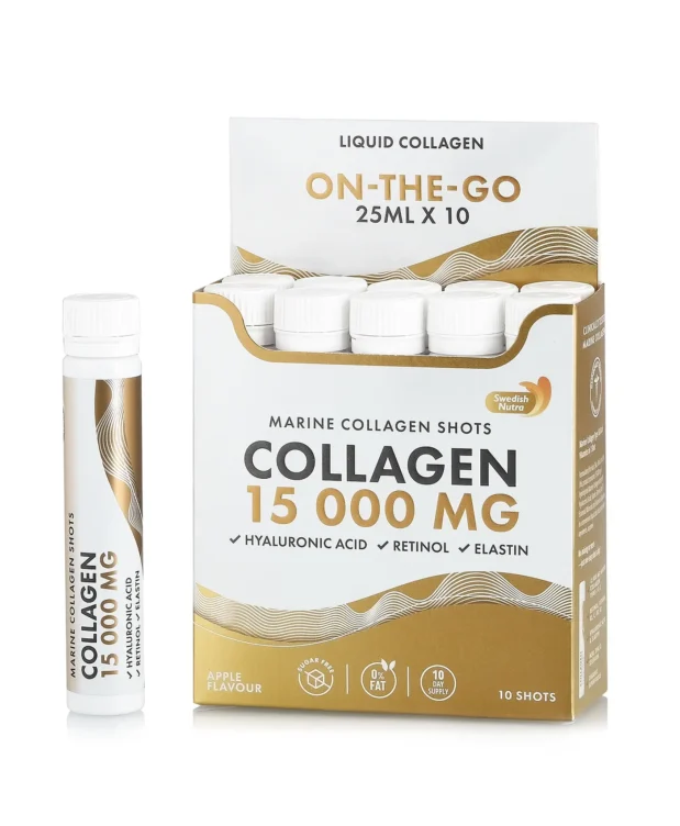 Suplimente nutritive - Colagen 15.000 mg – 10 Shots – Colagen Marin Hidrolizat Lichid Tip 1 si 3 + Retinol 800 mcg + Acid Hialuronic 50 mg + Elastina 10 mg + Vitamine + Minerale + Organic Superfood Fructe si Legume