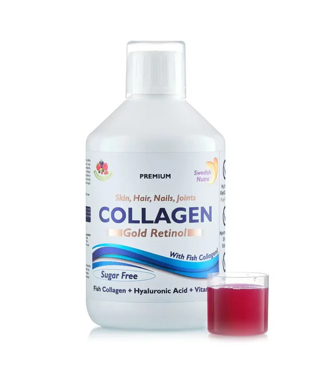 Dureri Musculare - Colagen Gold Retinol fara zahar (din Peste) -Lichid, Hidrolizat Tip 1 si 3 cu 12.500 mg + Retinol 800 mcg + Biotina + MSM + Acid Hialuronic + Zinc + Seleniu + Siliciu + Vitamine – 500 ml