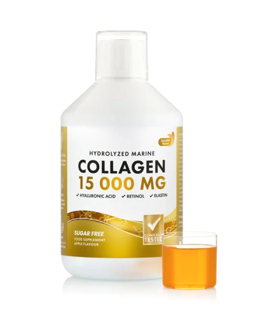 Performanta Sportiva - Colagen Hidrolizat Lichid 15 000 Mg Tip 1 si 3 Super Concentrat + Acid Hialuronic 50 mg + Retinol 800 mcg + Elastina 10 mg + Biotina 450 mcg + Vitaminele C, D, B5, K2 + Zinc 10 mg – Sticla cu 500 ml