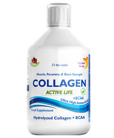 Sanatate si bunastare - Colagen Lichid Hidrolizat Tip 1, 2 si 3 Active Life cu 5000mg + BCAA și Aminoacizi + Acid Hialuronic + Vitamina C, B5, B6 – sticlă cu 500 ml, Swedish Nutra