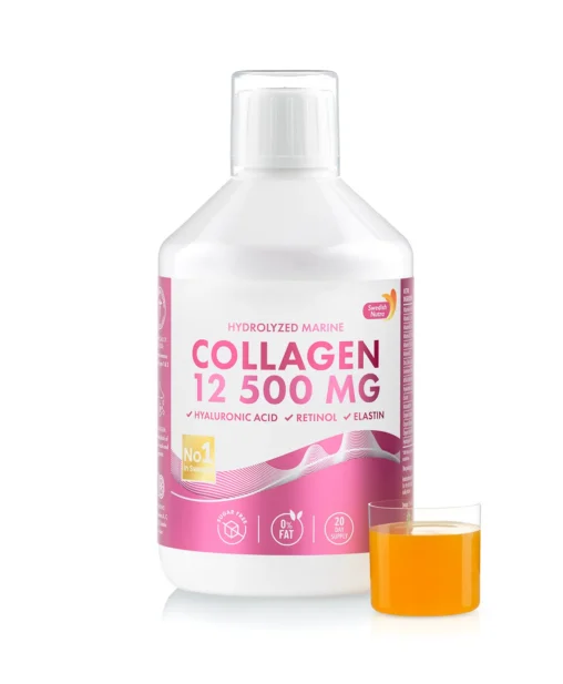 Dureri Musculare - Colagen Marin Hidrolizat Lichid 12.500 mg cu Acid Hialuronic, Retinol, Elastina, MSM si Vitamine – Tratament Complet pentru Frumusete, Piele Tanara, Par Stralucitor si Unghii Rezistente –500 ml