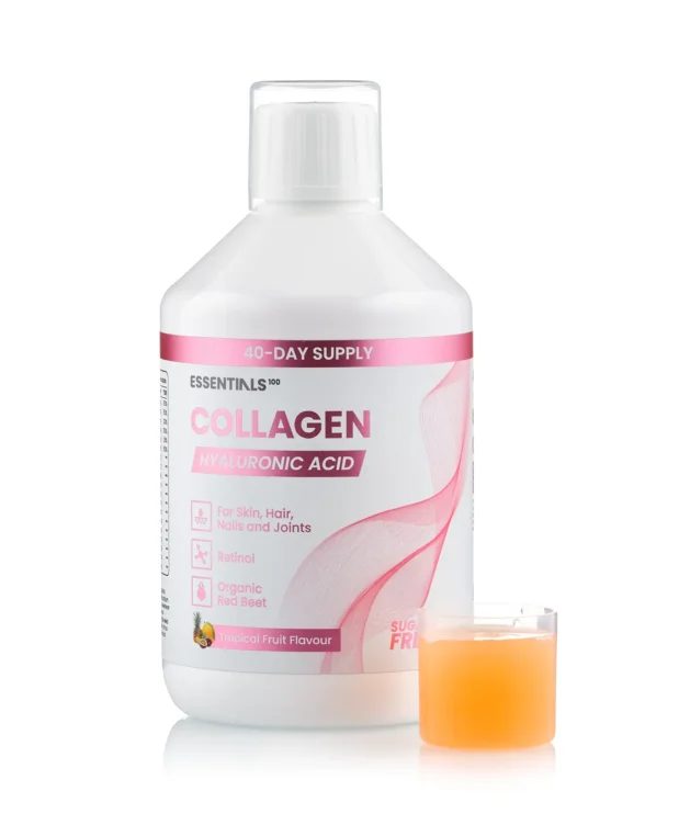 Dureri Musculare - Essentials 100 – Colagen Hidrolizat Lichid cu Retinol + Acid Hialuronic 20 mg + Zinc 10 mg + Coenzima Q10 + Vitaminele C, B5, B7, E – Sticla cu 500 ml