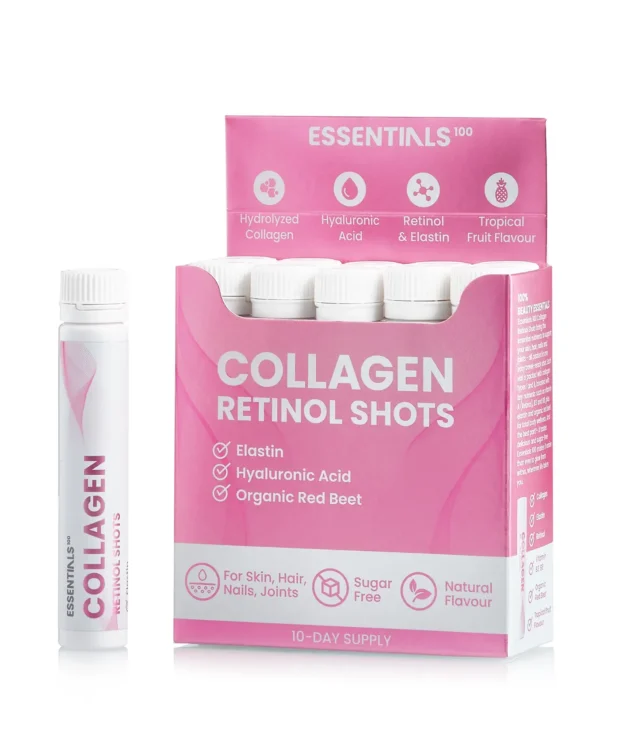 Suplimente nutritive - Essentials 100 – Colagen Retinol – Colagen Hidrolizat Lichid + Retinol 960 mcg + Elastina 10 mg + Vitaminele B3 si B9 + Super Blend Antioxidant Mix 10.000 mcg din 10 Verdeturi, Fructe si Legume – Cuti