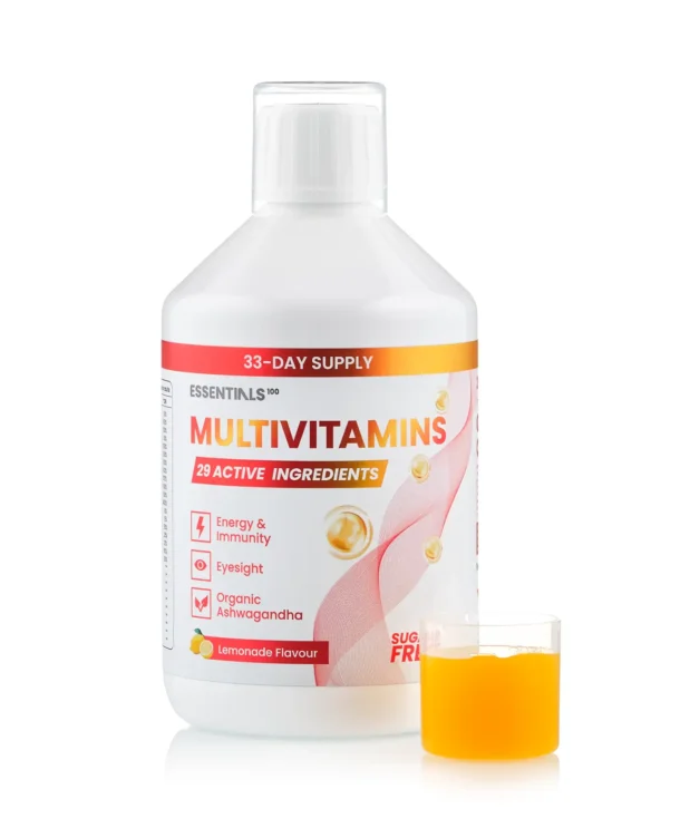 Memorie si concentrare - Essentials 100 – Multivitamine Lichide – Ashwagandha + Luteina + Zeaxantina + Spirulina Organica + Sfecla cu 29 Ingrediente Active – Sticla cu 500 ml