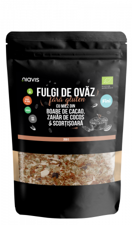 Gluten Free - Fulgi de Ovaz Fini Fara Gluten cu Miez din Boabe de Cacao, Zahar de Cocos si Scortisoara Ecologici/Bio 200g