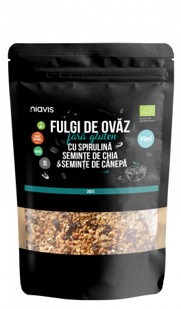 Dulciuri sanatoase - Fulgi de Ovaz Fini Fara Gluten cu Spirulina, Chia si Seminte de Canepa Ecologici/Bio 200g