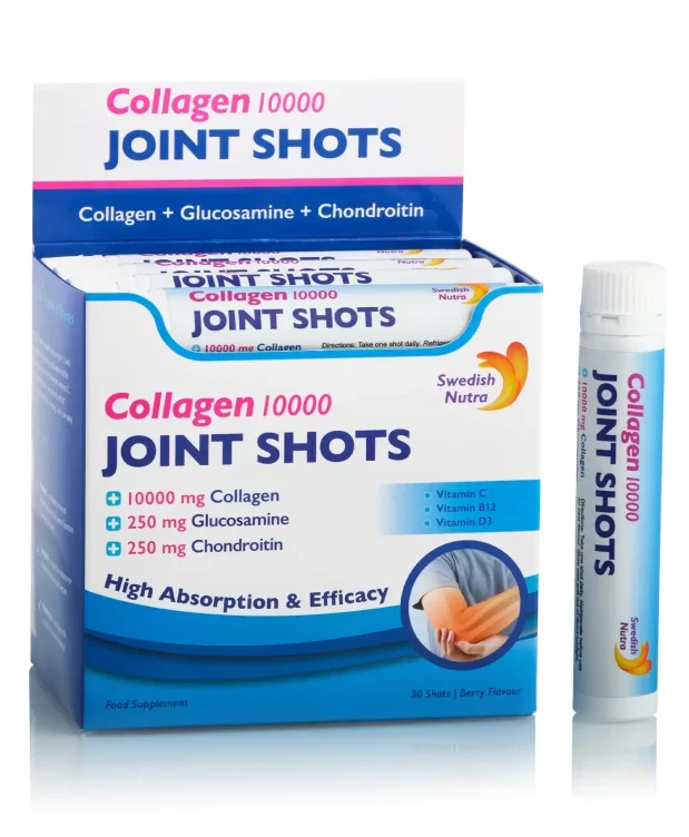 Dureri Musculare - Joint Shots – 30 shots – Colagen lichid hidrolizat de tip 1, 2 și 3 cu 10.000mg + Glucozamină Sulfat + MSM + Condroitină + Turmeric + Ceai verde + Vitamina B12, C și D