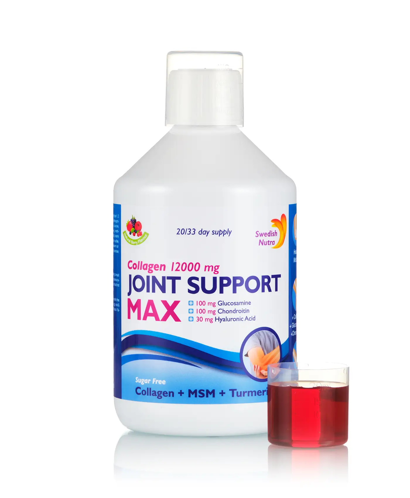 Performanta si Fitness - Joint Support Max – Colagen Lichid Hidrolizat de Tip 1, 2 si 3 cu 12.000 mg + Acid Hialuronic + Glucozamina + Condroitina + MSM + Turmeric + Seleniu + Vitamina C si D3 – 500ml