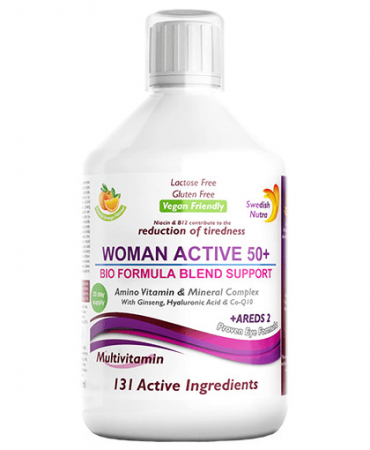 Gluten Free - Multivitamine Lichide WOMAN ACTIVE 50+ pentru Femeile peste 50 Ani cu 131 Ingrediente: Vitamine + Minerale + Aminoacizi + Bio Active Life Blend + Areds 2 – Produs Vegan – 500ml, swedish Nutra