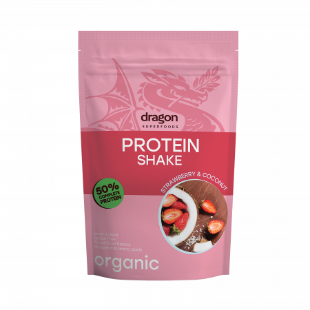 Produse - Shake proteic capsuni si cocos bio 450g Dragon Superfoods - 50% proteine                            