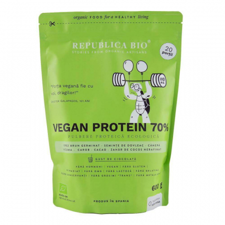 Performanta Sportiva - Vegan protein 70%, pulbere functionala cu gust de ciocolata Republica BIO, 600 g
