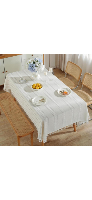Fata de masa aspect din In cu broderie si ciucurei , 8-12persoane , 150 x 220 cm , Alb [2]