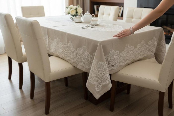 Fata de masa Impermeabila 8-12 persoane, 160 x 220 cm model Elegant, PoliCoton, 50 % Coton 50%Poliester, tehnologia anti pata, Ivoire/Alb [1]