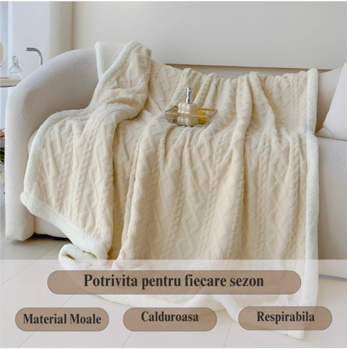 Patura Cocolino Pufoasa cu Blanita , Model Tricotaj , Crem [2]