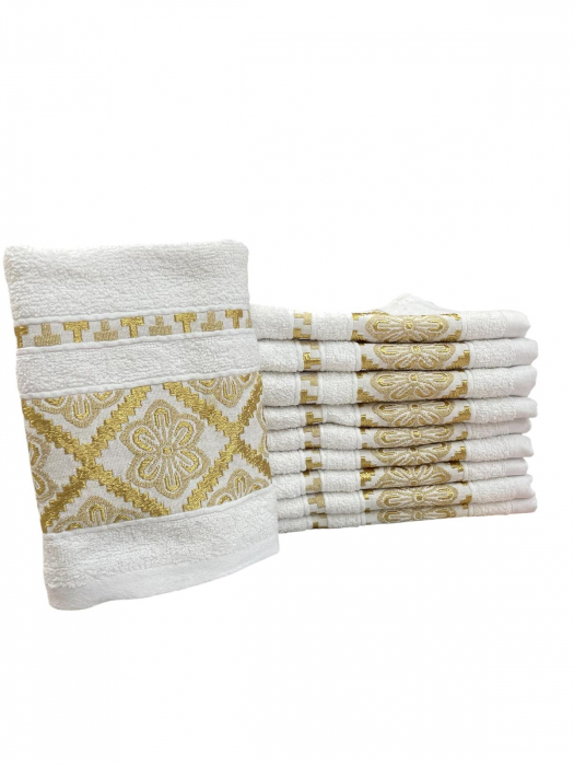 Set 10 Prosoape 50 x 90 cm, Bumbac, model Floral, deosebit, Alb Auriu [6]