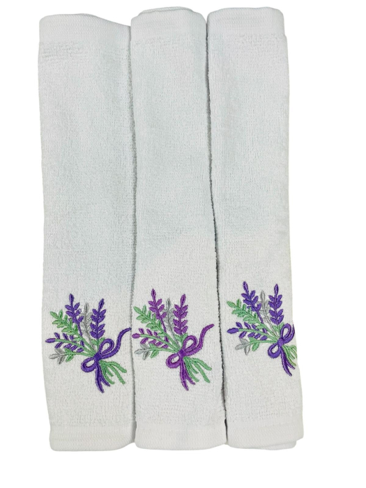 Set 10 Prosoape Brodate cu un buchetel de Lavanda, 100 % Bumbac, maini/ fata /bebelusi Tip Batista 30 x 30 cm, Alb Mov [4]