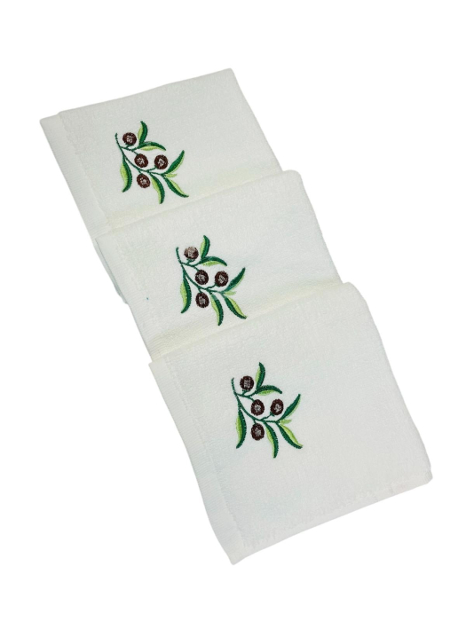 Set 12 Prosoape, Bumbac/Catifea, Tip Batista, 30 x 30 cm, Alb / Verde, cu ramura Maslin Brodata [5]