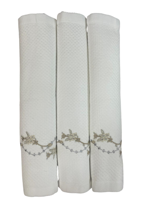 Set 12 Prosoape tip Batista cu Broderie fina Aurie  , 30 x 30 cm Bumbac 100 % , Grofate, Catifelate, Alb [4]