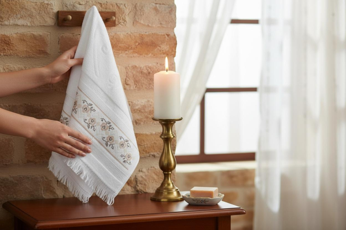 Set 2 Prosoape cu motiv Traditional / Etnic Brodat, calitate Premium 100% Bumbac, 50 x 90 cm, Alb Crem Bej [2]