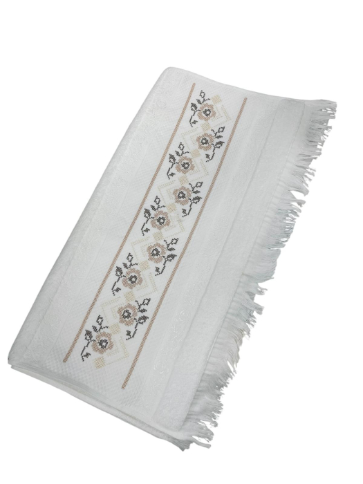 Set 2 Prosoape cu motiv Traditional / Etnic Brodat, calitate Premium 100% Bumbac, 50 x 90 cm, Alb Crem Bej [5]