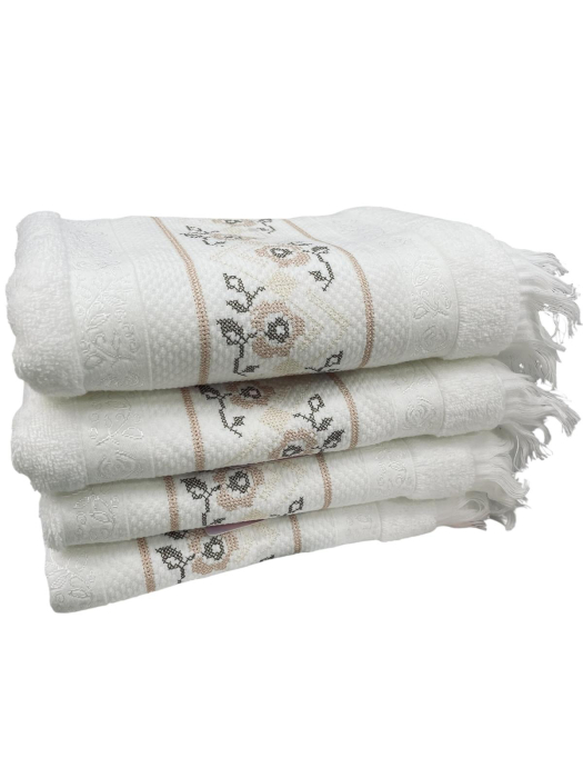 Set 2 Prosoape cu motiv Traditional / Etnic Brodat, calitate Premium 100% Bumbac, 50 x 90 cm, Alb Crem Bej [4]