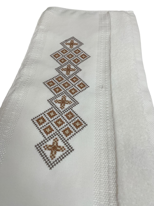 Set 2 Prosoape Grofate cu model Traditional / Etnic, 50 x 90 cm Bumbac 100 % Catifelat, Alb Crem Maro [5]