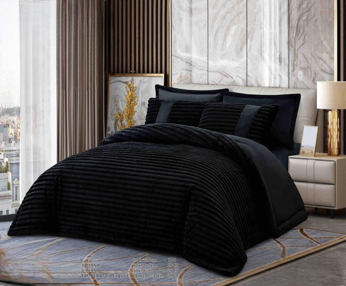 SET COMPLET- PILOTĂ CU BLĂNIȚĂ DE IEPURE + CEARȘAF CATIFEA CU ELASTIC + 4 FEȚE DE PERNĂ, Negru [1]