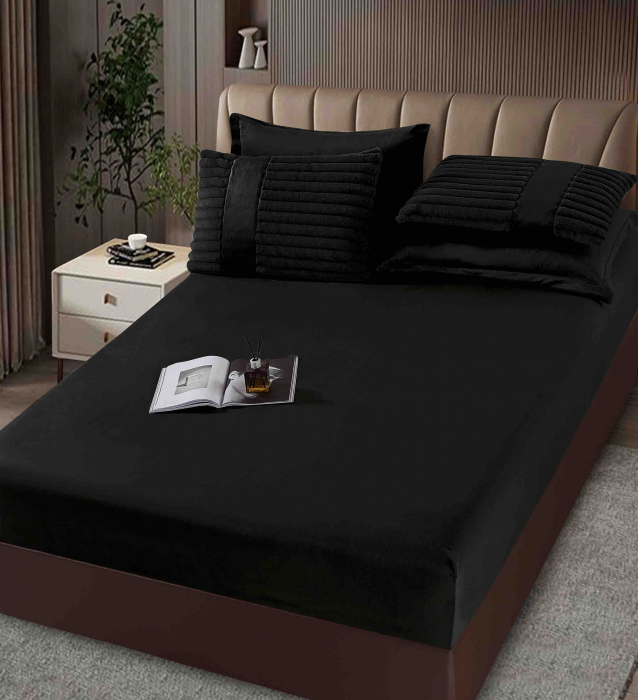 SET COMPLET- PILOTĂ CU BLĂNIȚĂ DE IEPURE + CEARȘAF CATIFEA CU ELASTIC + 4 FEȚE DE PERNĂ, Negru [4]