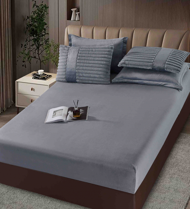 SET COMPLET- PILOTĂ CU BLĂNIȚĂ DE IEPURE + CEARȘAF CATIFEA CU ELASTIC + 4 FEȚE DE PERNĂ,GRI ANTRACIT [4]