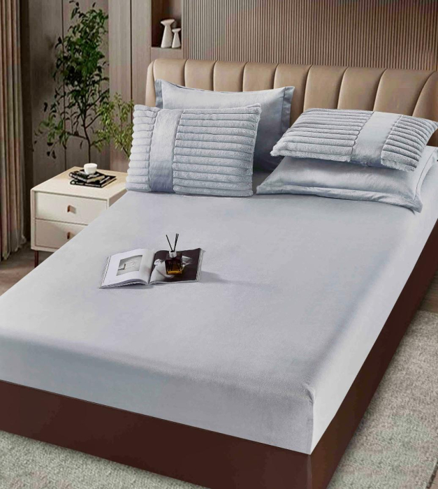 SET COMPLET- PILOTĂ CU BLĂNIȚĂ DE IEPURE + CEARȘAF CATIFEA CU ELASTIC + 4 FEȚE DE PERNĂ, Gri Deschis [2]