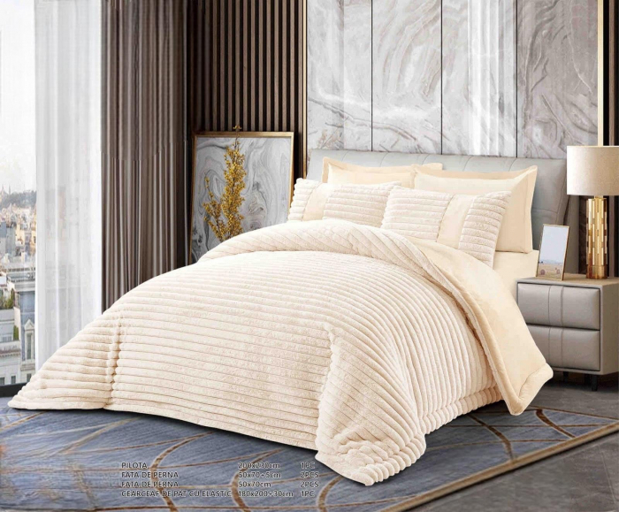 SET COMPLET- PILOTĂ CU BLĂNIȚĂ DE IEPURE + CEARȘAF CATIFEA CU ELASTIC + 4 FEȚE DE PERNĂ,Ivoire [1]