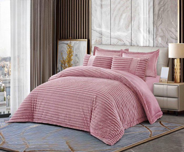 SET COMPLET- PILOTĂ CU BLĂNIȚĂ DE IEPURE + CEARȘAF CATIFEA CU ELASTIC + 4 FEȚE DE PERNĂ, Roz Pudra [1]