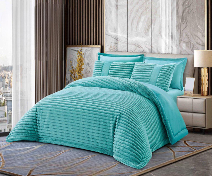 SET COMPLET- PILOTĂ CU BLĂNIȚĂ DE IEPURE + CEARȘAF CATIFEA CU ELASTIC + 4 FEȚE DE PERNĂ, Turcoaz [1]