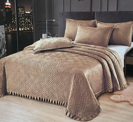 Cuvertura cu volane pat dublu 3 piese, Catifea matlasata, Super Elegant P