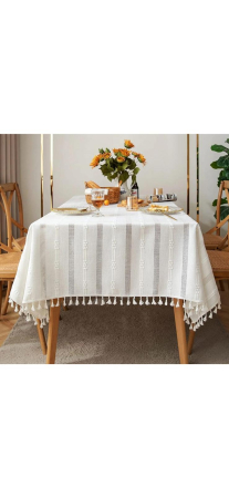 Fete de masa - Fata de masa aspect din In cu broderie si ciucurei , 8-12persoane , 150 x 220 cm , Alb
