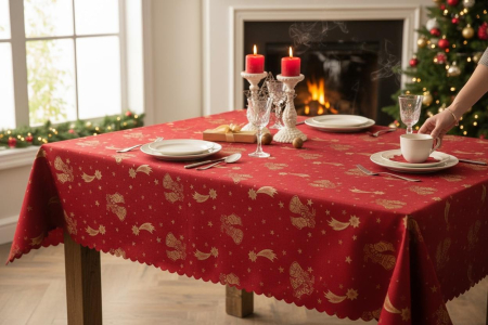 Fete de masa - Fata de masa Craciun rosie cu model auriu elegant , clopotei si stele ,160 x 220 cm