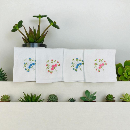 Prosoape pentru bucatarie - Set 10 Prosoape Brodate cu un buchetel de Flori , 100 % Bumbac, maini/ fata /bebelusi Tip Batista 30 x 30 cm, Alb Roz Bleu