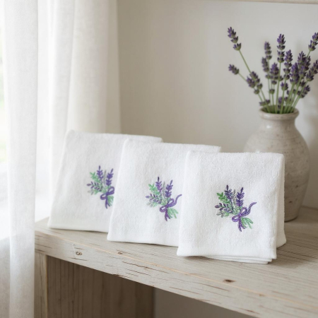 Bucatarie - Set 10 Prosoape Brodate cu un buchetel de Lavanda, 100 % Bumbac, maini/ fata /bebelusi Tip Batista 30 x 30 cm, Alb Mov